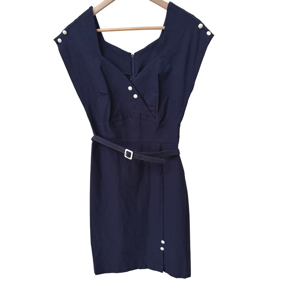 Stop Staring! Sheath Dress L Navy Blue Belted Retro Pinup Rockabilly Cap Sleeve